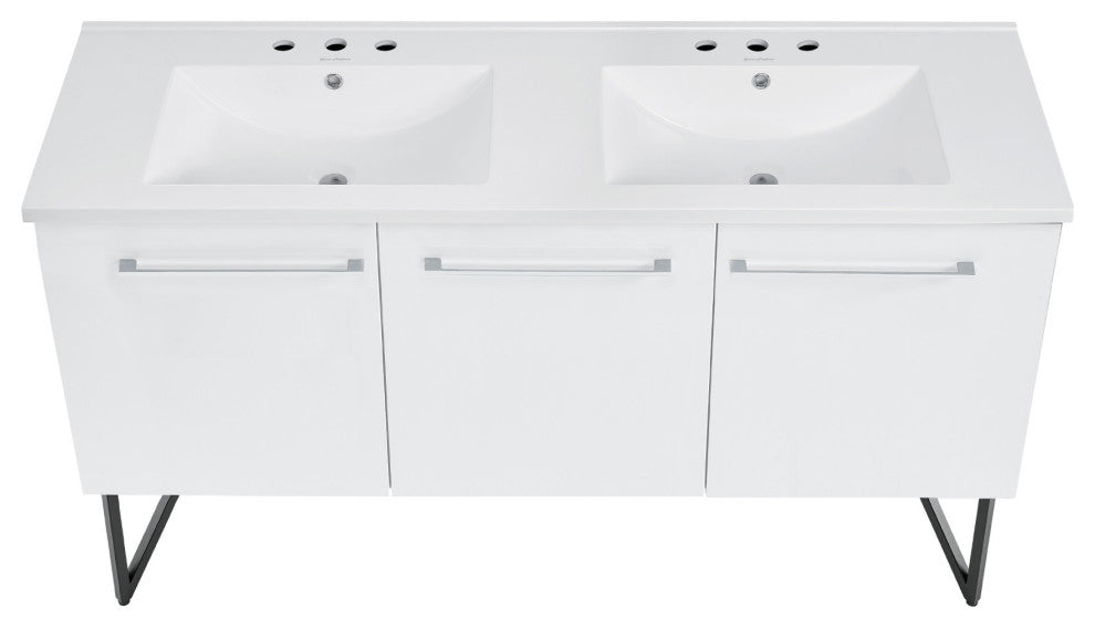 Annecy 60" White, Double Basin Bathroom Vanity With White, 3-Hole Sink Top