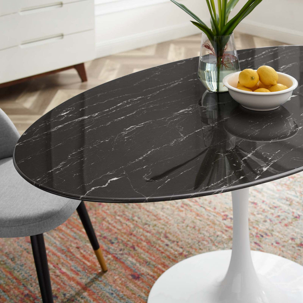 60" Dining Table, Round, Black White, Artificial Marble, Metal, Modern