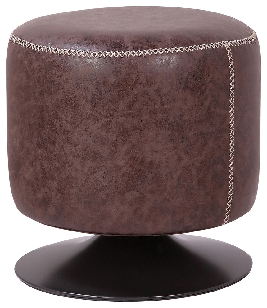 Gaia PU Leather Round Ottoman, Vintage Coffee Brown