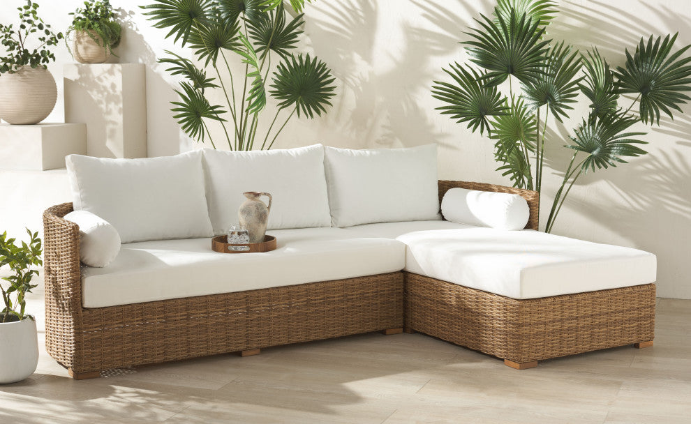 Safavieh Couture Indoor-Outdoor Anguilla Wicker Chaise Sofa, Natural/White