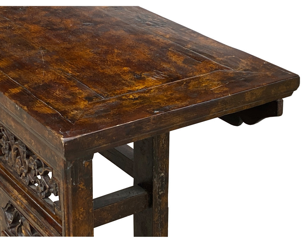 Chinese Brown Wood Open Flower RuYi Carving Apron Altar Console Table Hcs7802