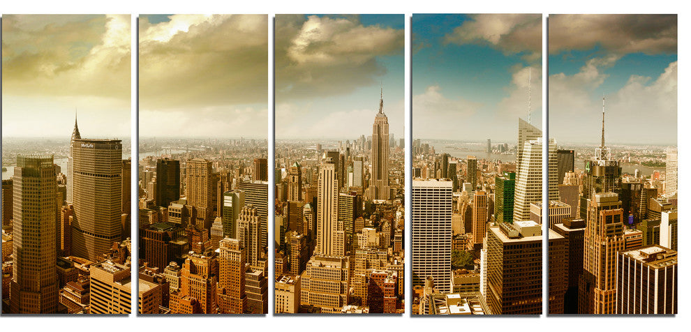 Midtown and Downtown Manhattan, Modern Cityscape Canvas Print, 60"x28", 5 Panels