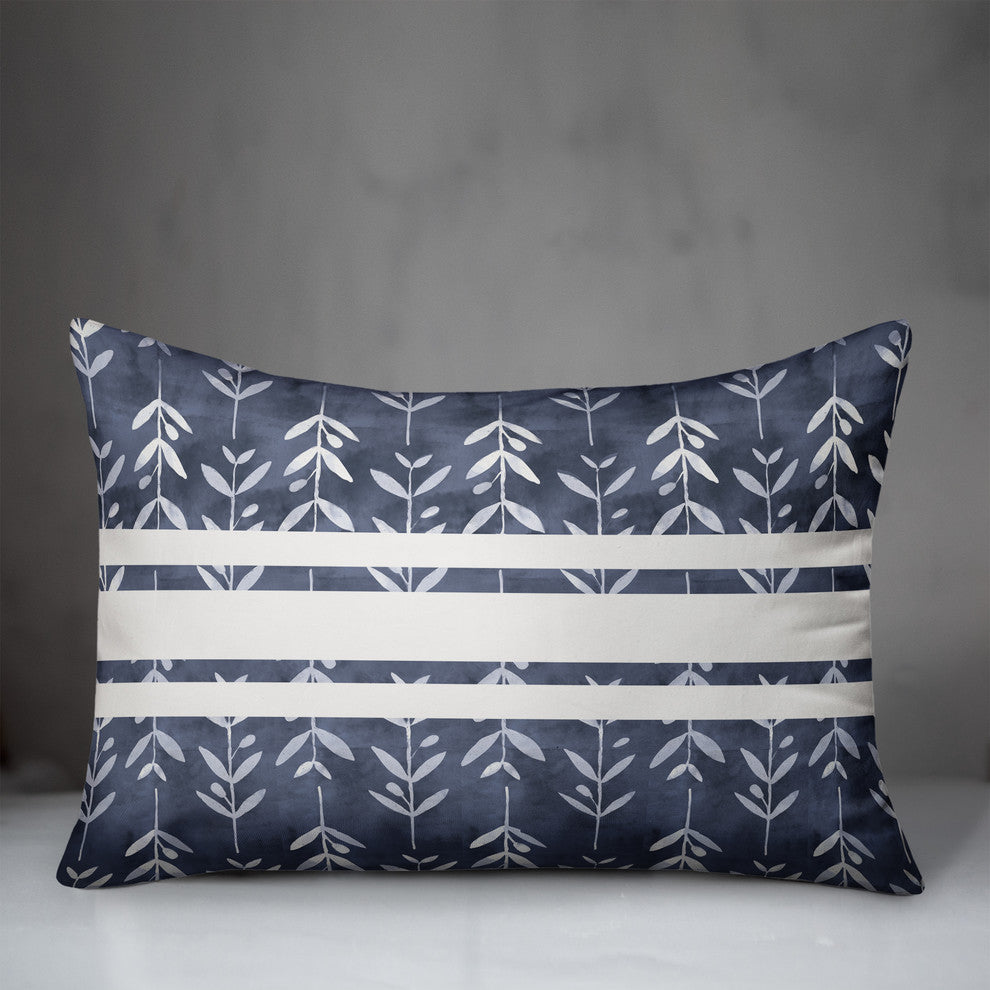 Navy with White Stripes and Leaves Spun Poly Pillow, 14"x20"