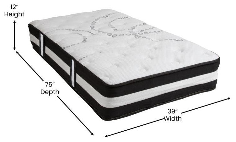 14" Metal Platform Bed Frame, 12" Pocket Spring Mattress & Memory Foam Topper, Black, Twin