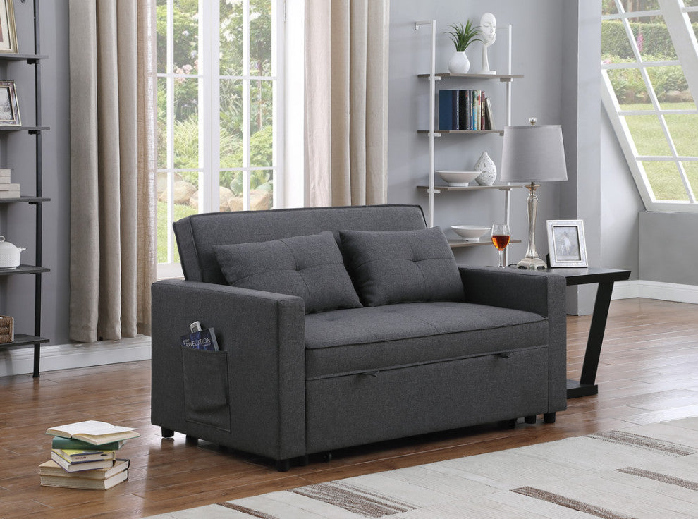 Zoey Linen Convertible Sleeper Loveseat With Side Pocket, Dark Gray