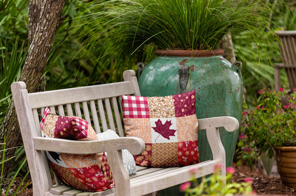 Printed Quilt Leaves Indoor/Outdoor Throw Pillow, Fuschia, 18"x18"