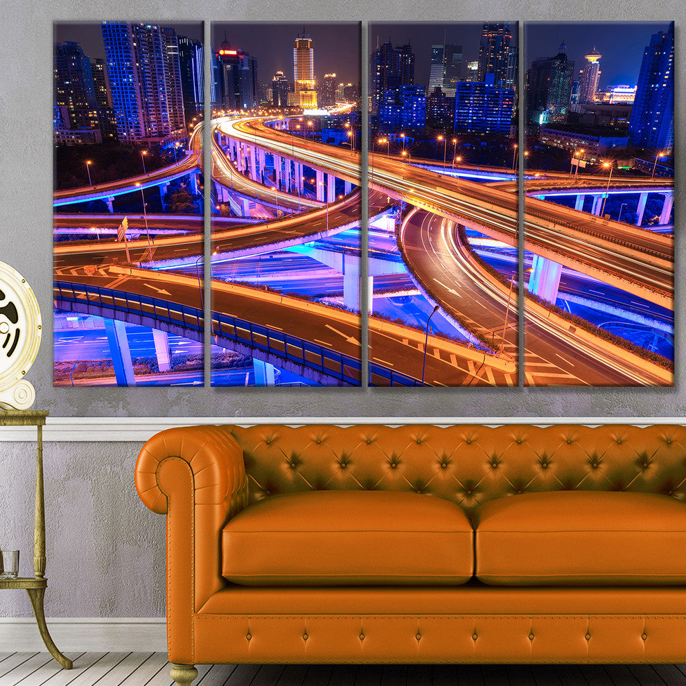 Colorful City Overpass at Night, Cityscape Canvas Art Print, 48"x28", 4 Panels