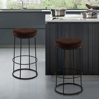 Set of 2 Round Circular Base Leathaire Bar Stools, Dark Brown