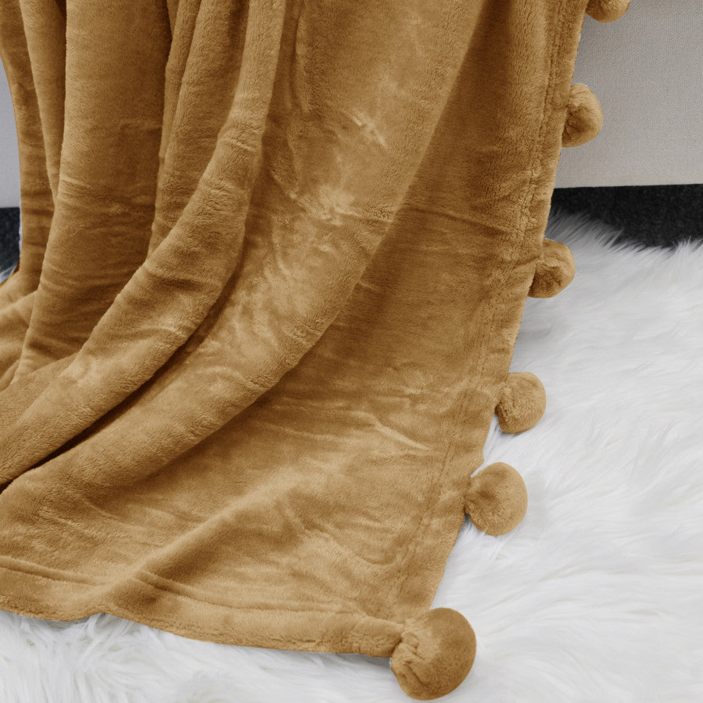 Pom Pom Flannel Fleece Throw Blanket, Amphora, 50" X 60"