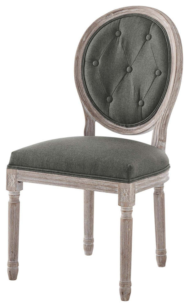 French Vintage Side Dining Chair, Fabric, Wood, Brown Natural Gray, Modern