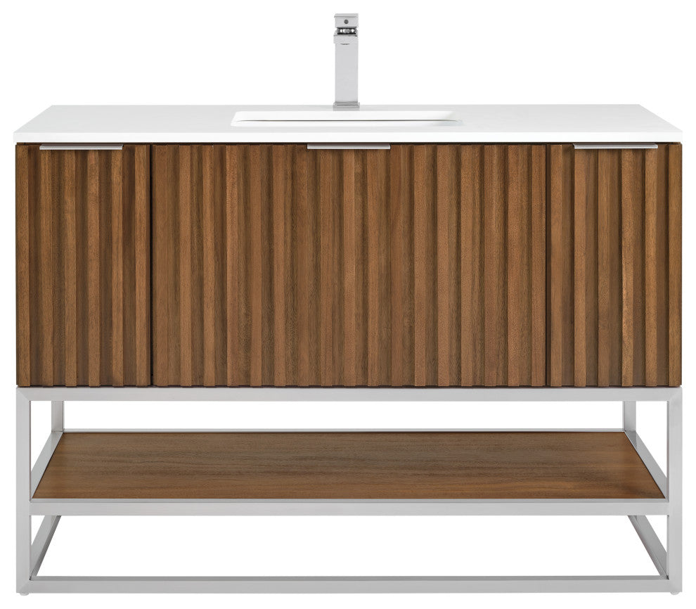 Terra Bathroom Vanity, Walnut/Brushed Nickel, 48", White Quartz Top