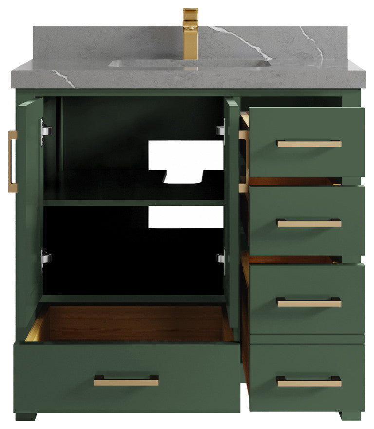 Malibu 36 Center Sink Bath Vanity in Lafayette Green 2" Piatra Gray