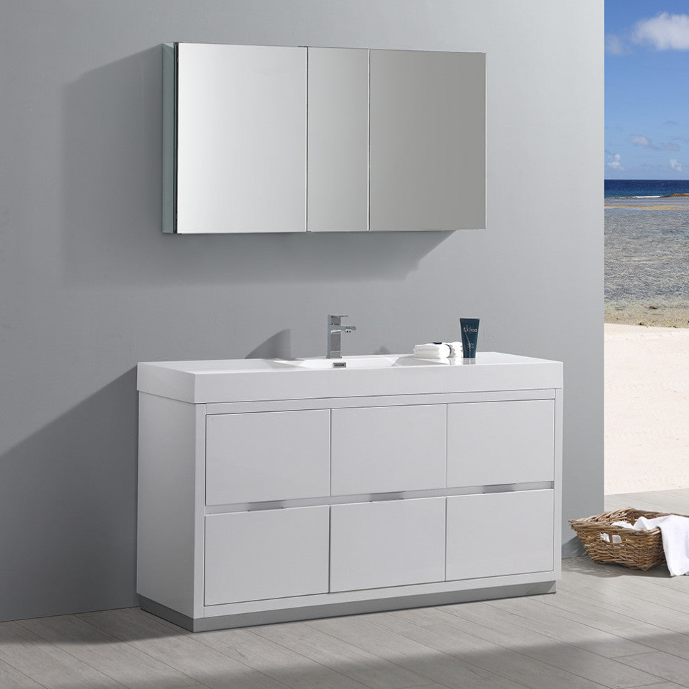 Valencia Free Standing Bathroom Vanity, Medicine Cabinet Glossy White 60"