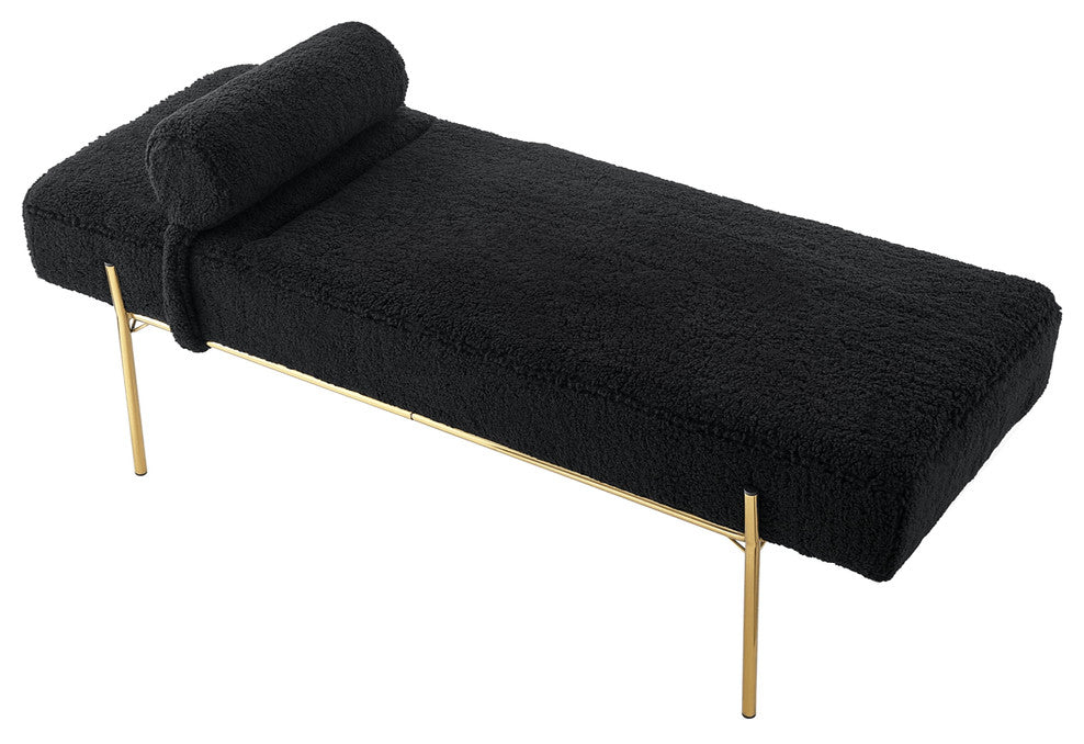 56" Black And Gold Upholstered Sherpa Bench