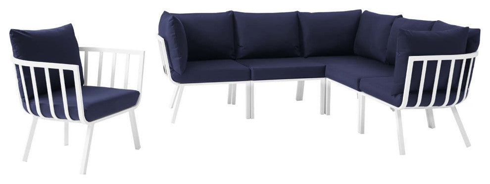 Lounge Sectional Sofa Chair Set, Aluminum, Metal, White Blue Navy, Outdoor