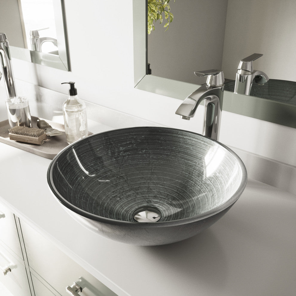 VIGO Giovanni 17"L x 17"W x 6"H Glass Round Vessel Bathroom Sink, Simply Silver