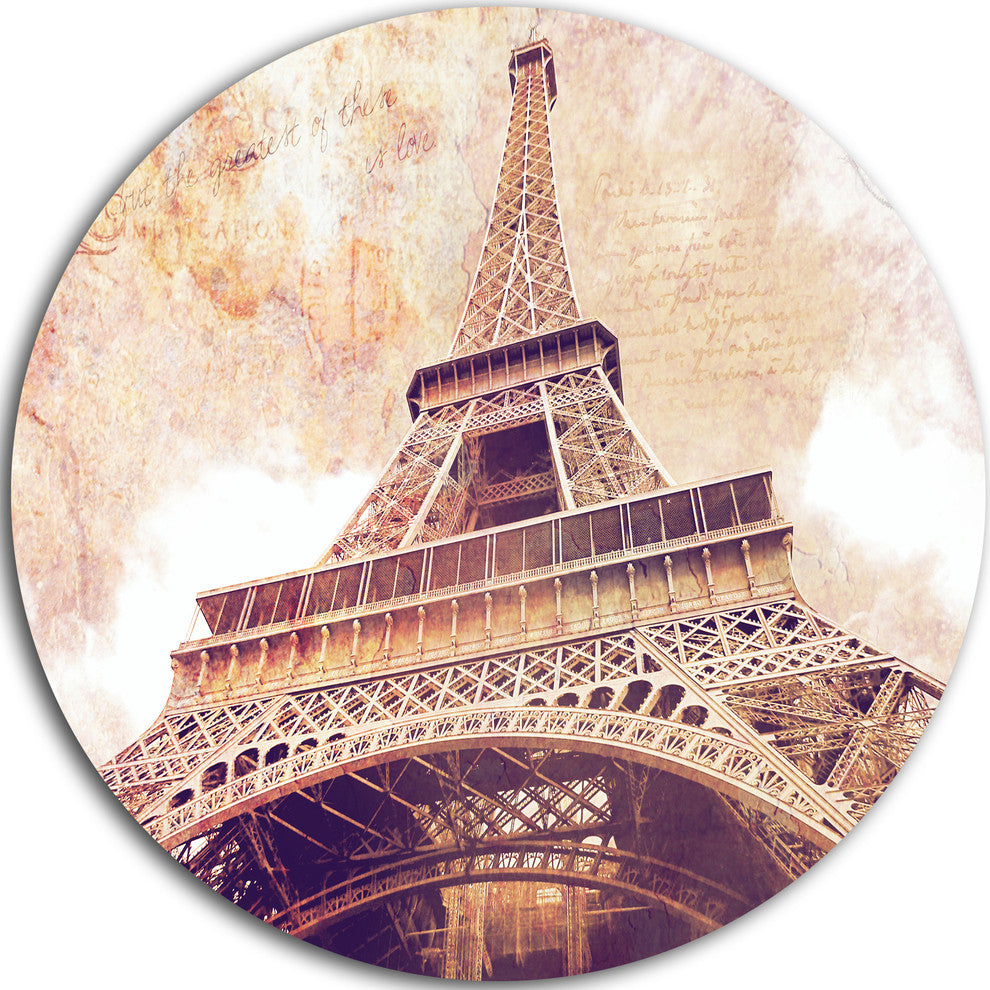 Paris Eiffel Tower Paris Postcard Design, Round Metal Wall Art, 11"