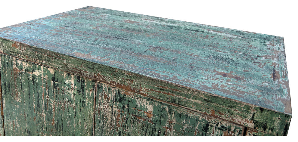 Distressed Teal Green Marks Moon Face Slim Credenza Side Cabinet Hws4372