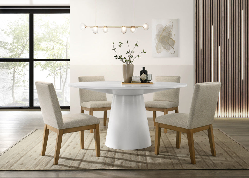 Jasper 5-Piece 59" Wide Round Dining Set Pedestal Base With Upholstered Chairs, White