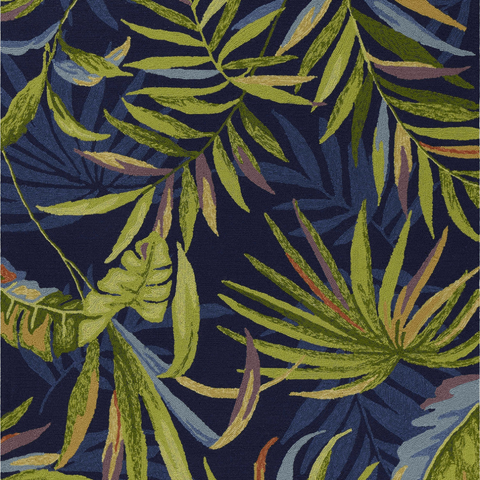 5' X 7' Ink Blue Tropical Leaves Uv Treated Indoor Outdoor Area Rug