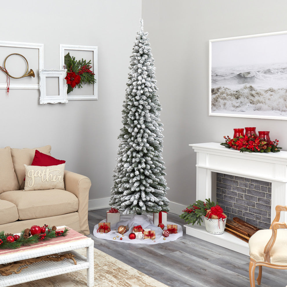 8' Flocked Pencil Faux Xmas Tree With 500 Clear Lights and 646 Bendable Branches