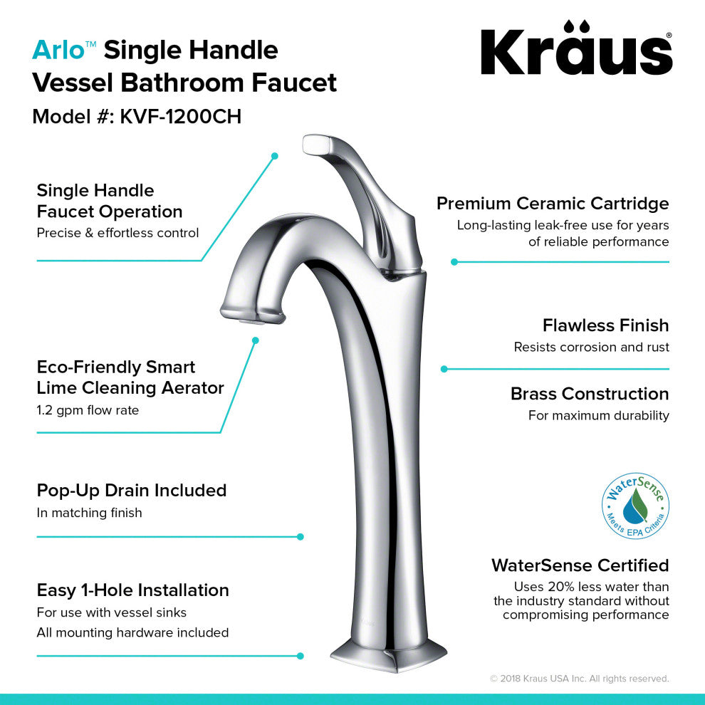 Kraus Arlo Single Handle Vessel Faucet, Pop Up Drain, Chrome, Set of 2