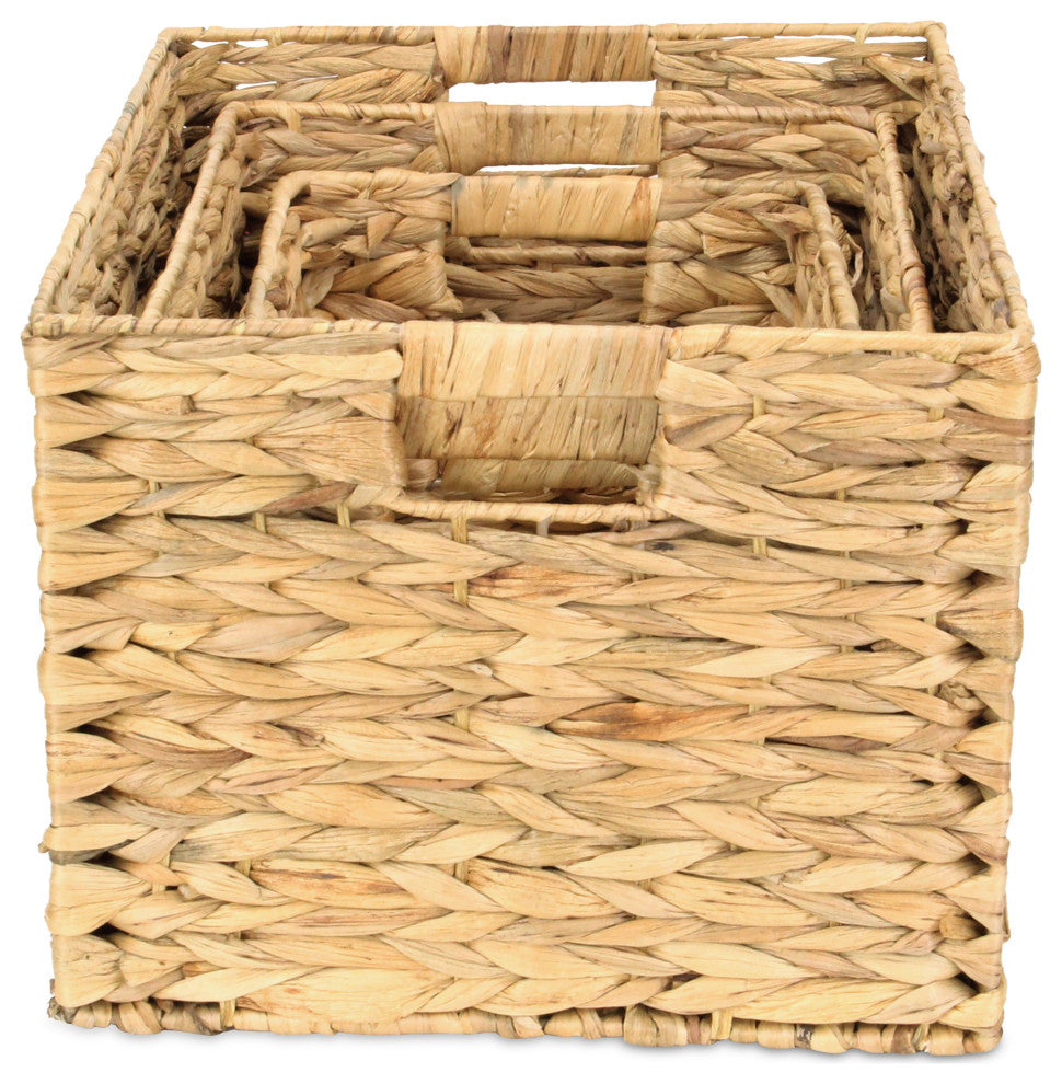 3-Piece Rectangular Water Hyacinth Basket With Round Edge