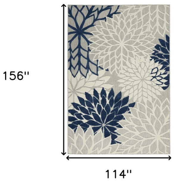 10' X 13' Ivory And Navy Floral Non Skid Indoor Outdoor Area Rug