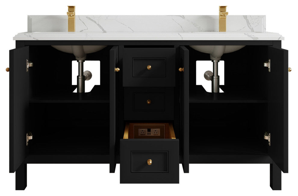 Nashville 60" Double Bathroom Vanity, Black 1.5" Calacatta Laza
