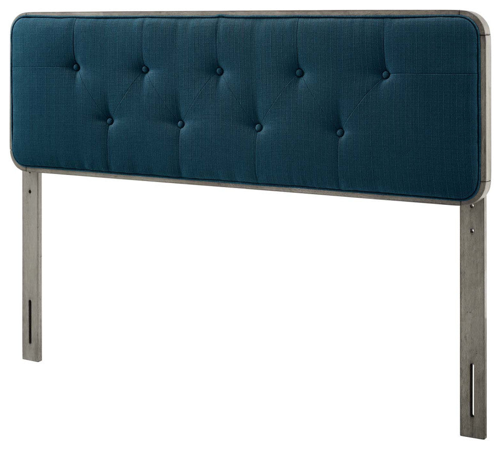 Tufted Headboard, King Size, Wood, Fabric, Gray Navy Blue, Modern