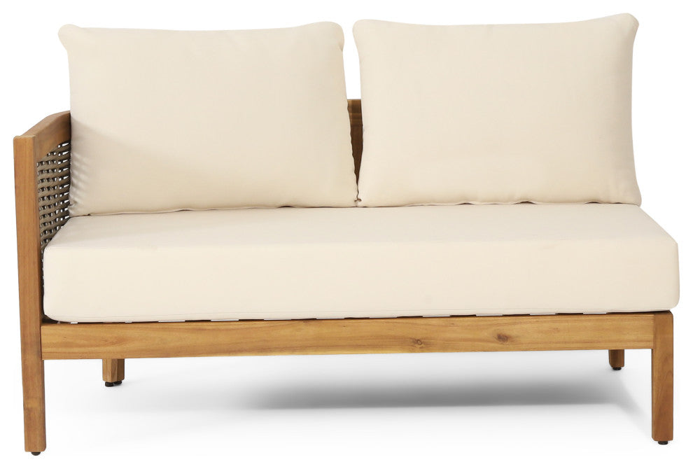 The Crowne Outdoor Acacia Wood and Round Wicker 5 Seater Sectional Sofa Chat Set
