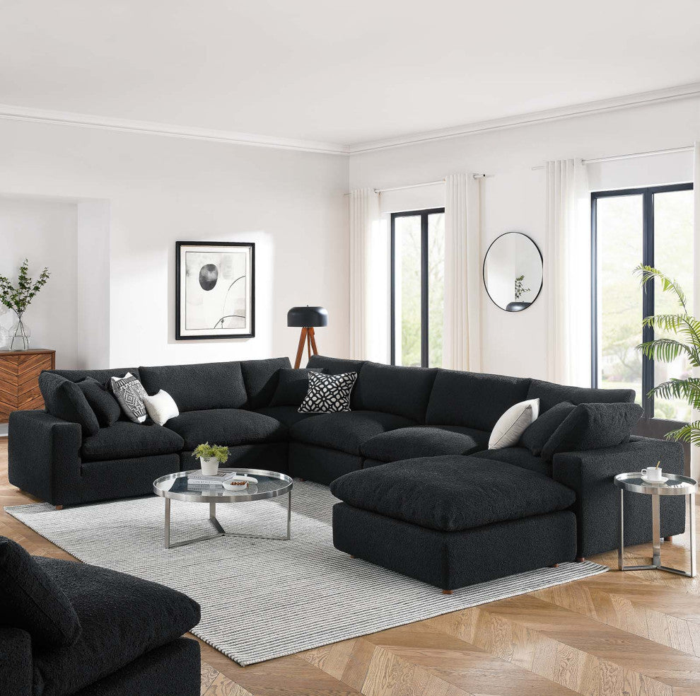 Commix Down Filled Overstuffed Boucle 7-Piece Sectional Sofa, Black