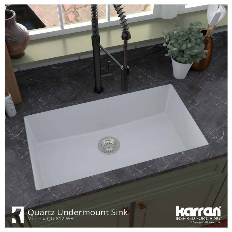 Karran QU-812 Undermount 32.5" Large Single Bowl Quartz Sink Kit, Black