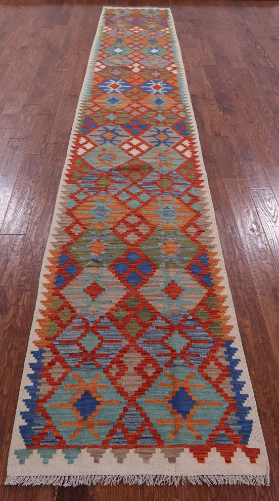 2' 8" X 16' 0" Runner Kilim Flat Weave Reversible Wool Rug - Q12558