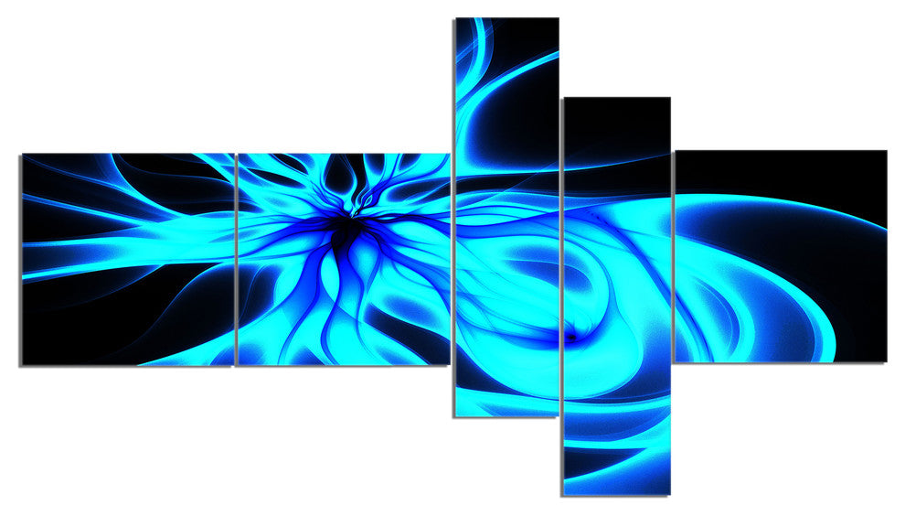 Glowing Blue Symmetrical Flower, Abstract Canvas Art Print, 60"x32", 5 panels