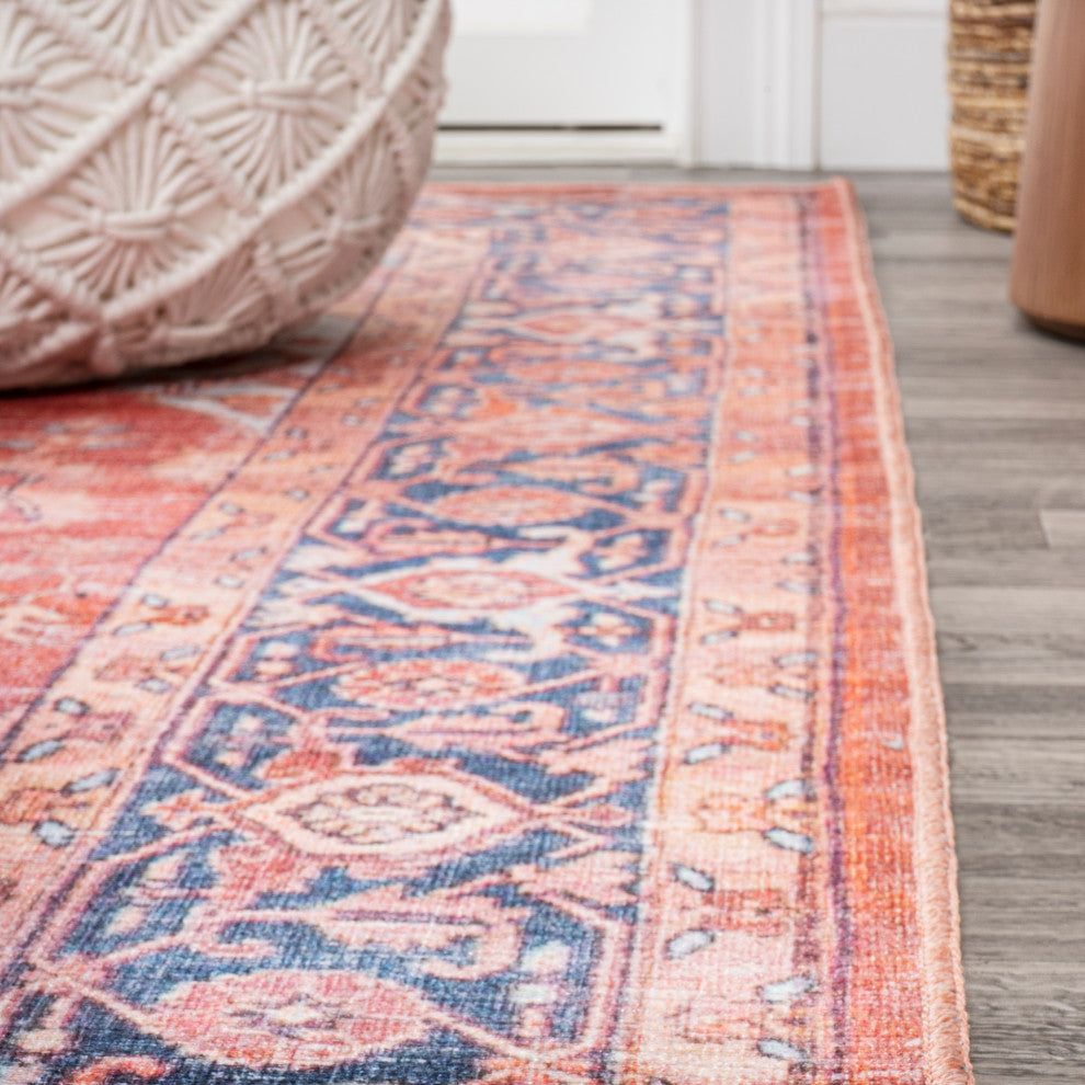 Maris Ornate Medallion Machine Washable Indoor Area Rug, Orange/Cream, 2 X 8