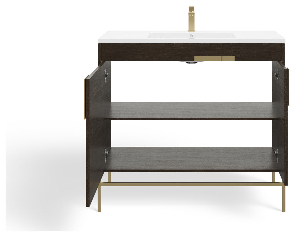 Lockhart Bath Vanity, Black Oak, 36", Satin Brass Hardware, Single Sink, Freestanding