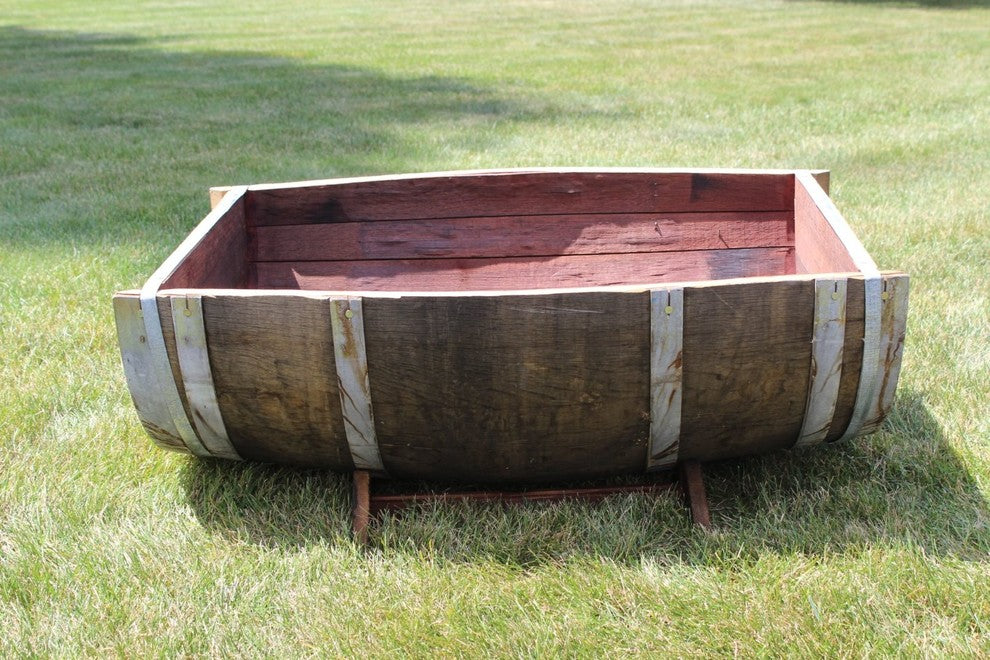 Oak wood Split Wine Barrel Planter Gloss Lacquer Finished, 26"W x 35"L x 13"H