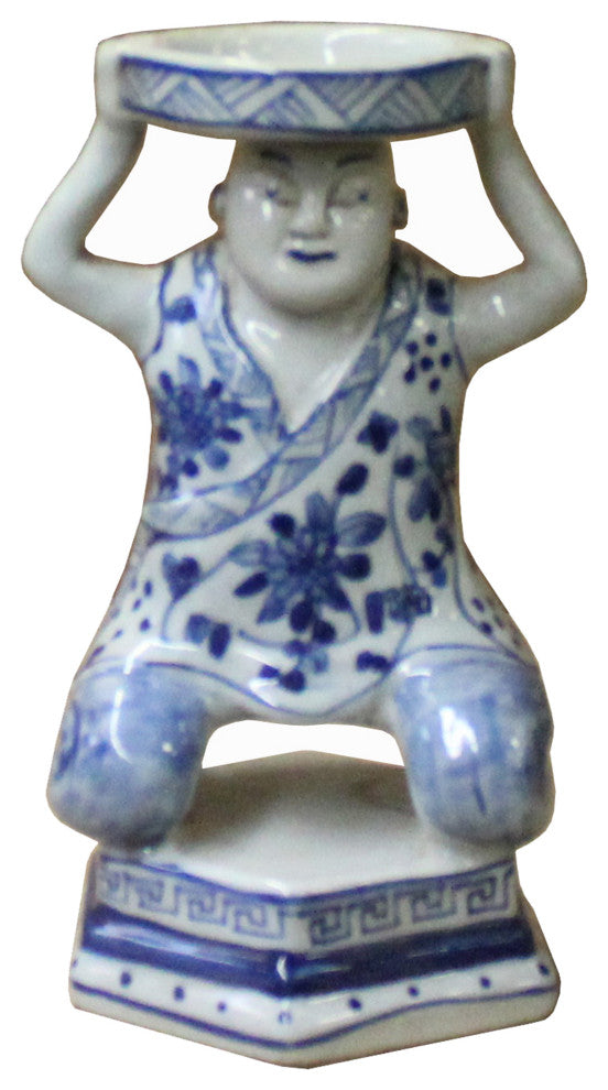 Oriental Vintage Ceramic Blue White Man Holding Dish Figure Hws1118