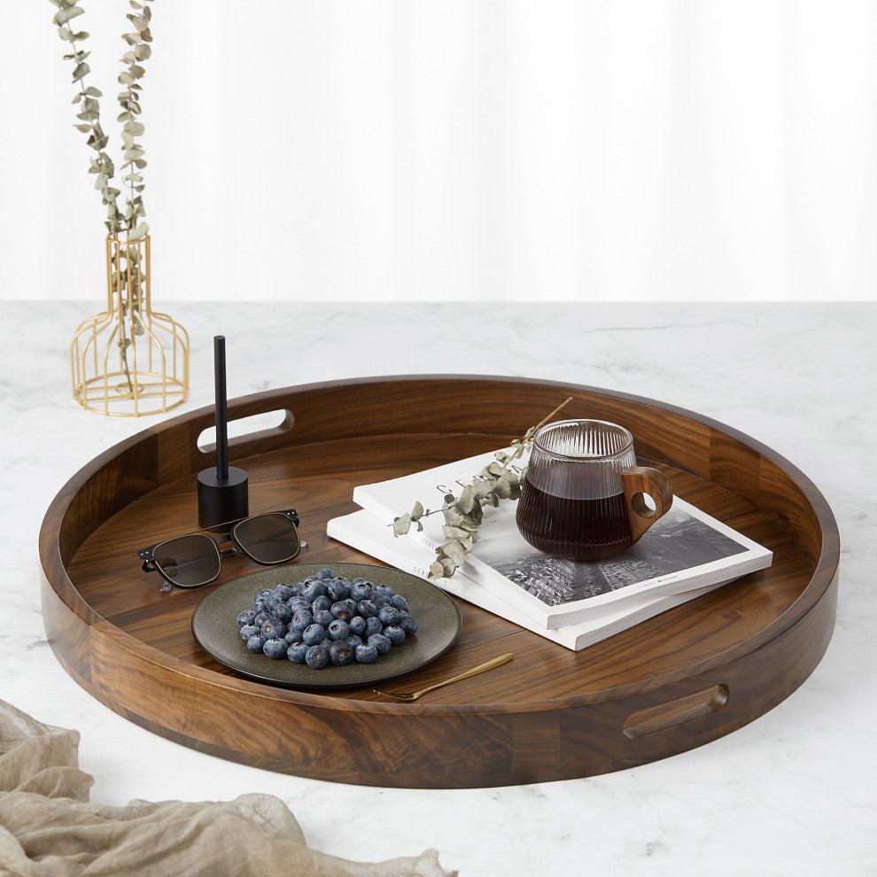 Round Black Walnut Solid Wood Tray Ottoman Tray, 24inch