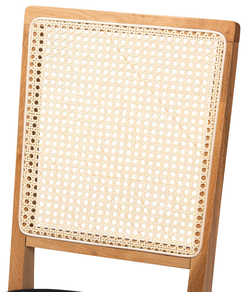 Ayala Mid-Century Black Fabric Upholstered Rattan Dining Chair, Set of 2