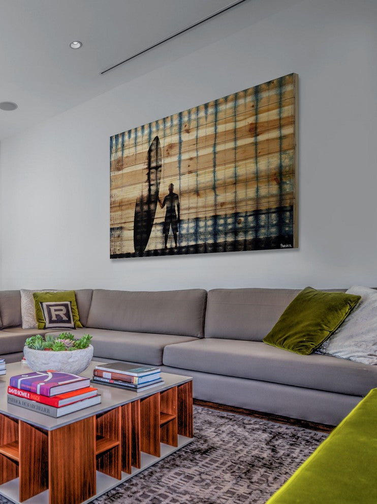 "Surf at Dusk" Print on Natural Pine Wood, 36"x24"