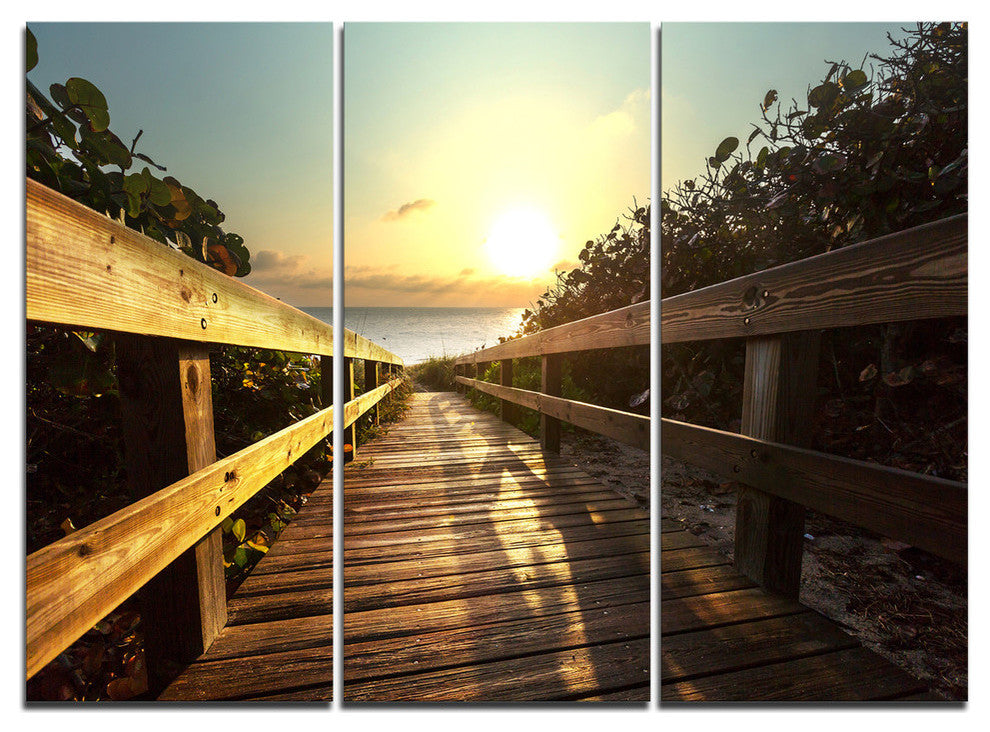 "Wood Boardwalk into the Sunset Sea" Metal Wall Art, 3 Panels, 36"x28"