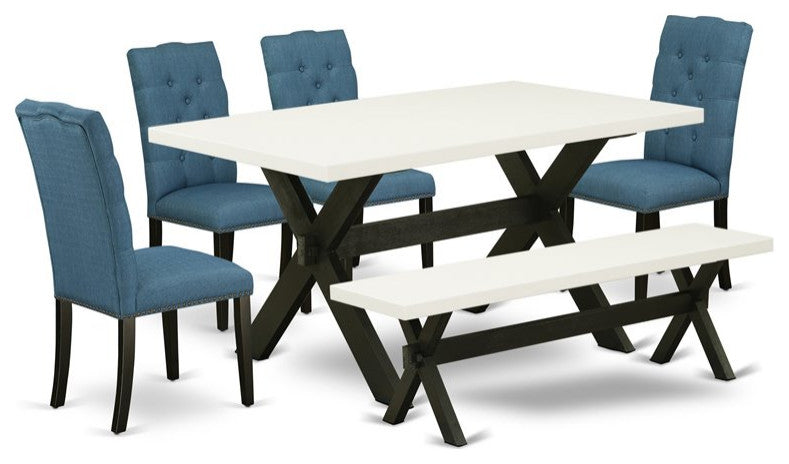 6-Piece Dinette Set Linen White, Table and Bench and 4 Chairs, Black