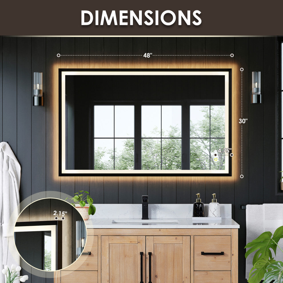 Apollo Anti-Fog Dimmable Vanity, LED Lighted Wall Mirror, Matte Black, 48"