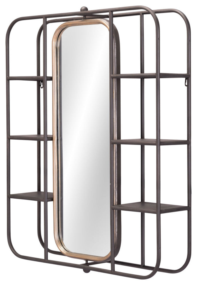 Frame Wall Mirror, Rectangular, Glass, Steel Metal, Gray, Bedroom Living