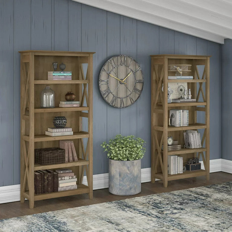 Set of 2 Farmhouse Bookcase, Open Shelves With X-Sides, Reclaimed Pine