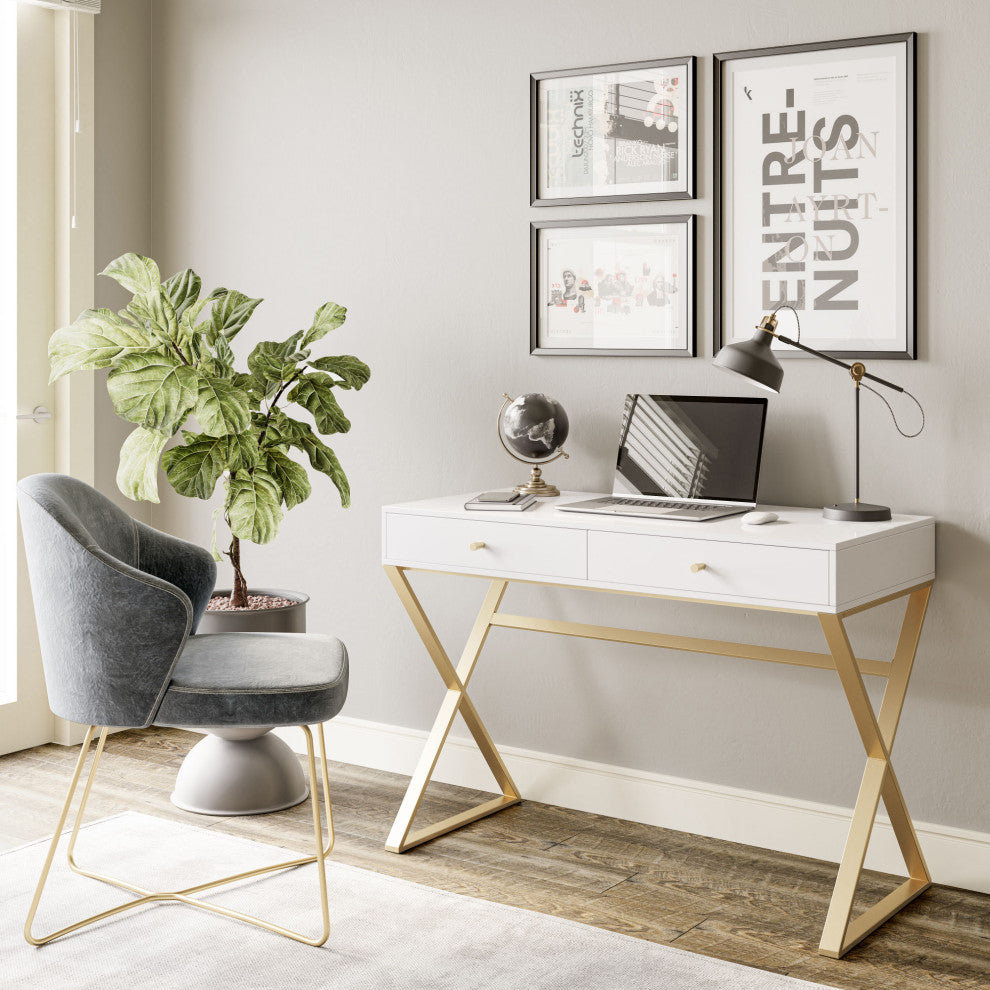 42" Home Office Writing Computer Desk, X-Shaped Legs, White