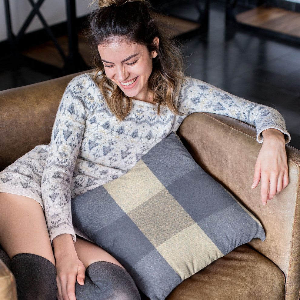 Plutus Blue Squares Plaid Luxury Throw Pillow, 26"x26"