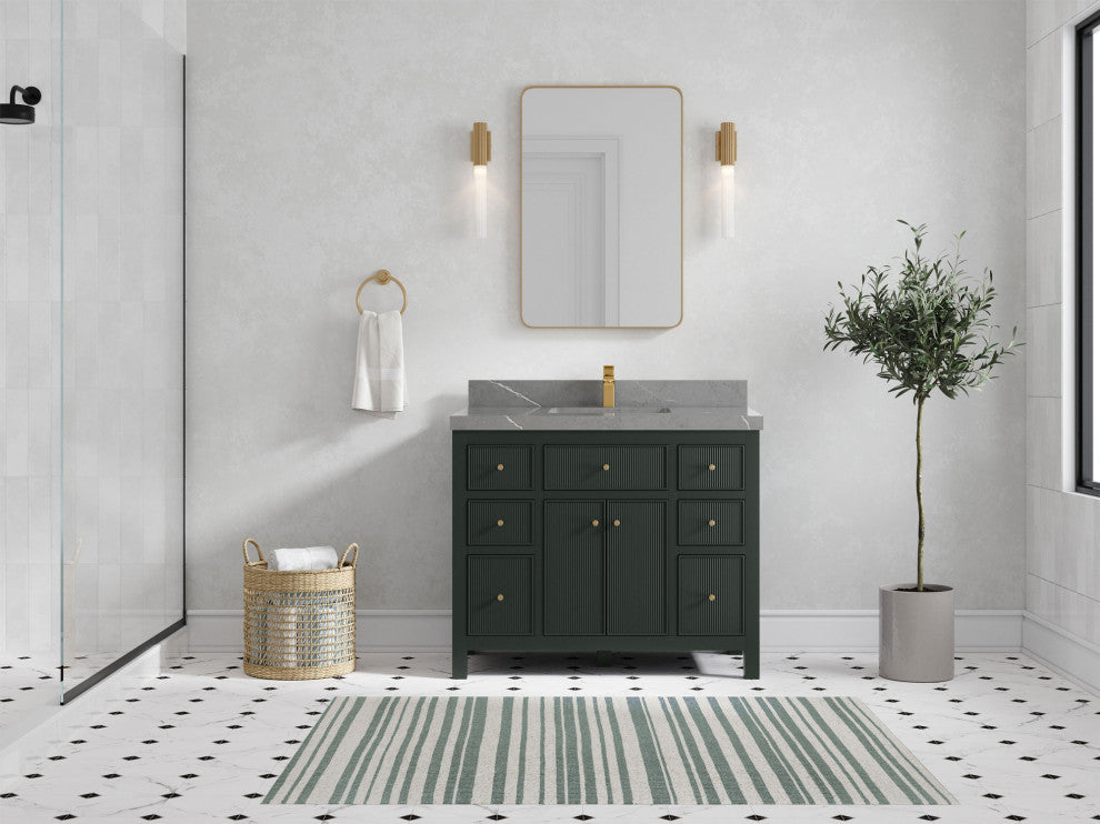 Sonoma 42 Single Sink Reeded Bath Vanity in Dark Forest Green 2" Piatra Gray